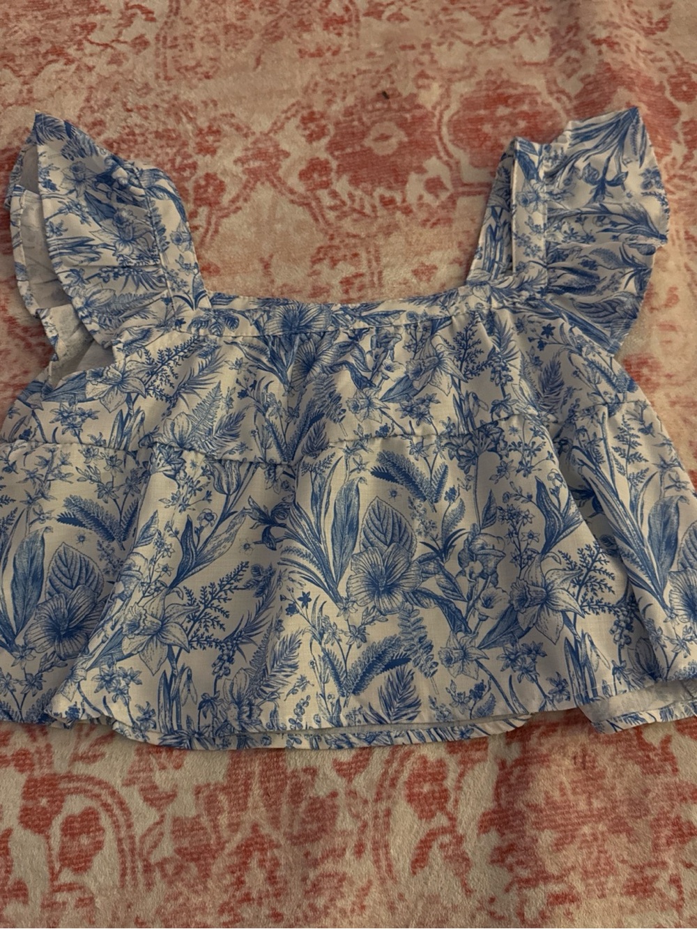 SHEIN Blue and White Floral Ruffled Crop Top